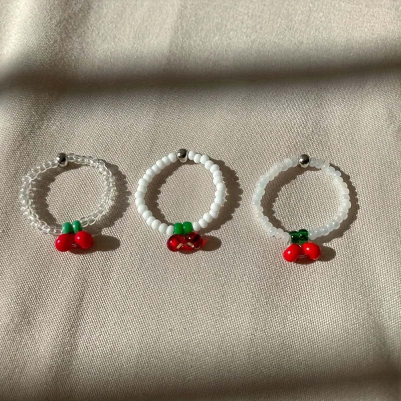 3pcs Women's Stackable Rings Cherry Beads Handwoven Round Bead Ring
